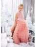 High Neck Light Pink Ruffled Tulle Flower Girl Dress